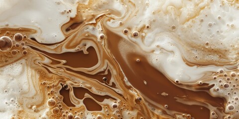Close up abstract brown caramel shapes latte art in coffee. Liquid texture coffee background macro....