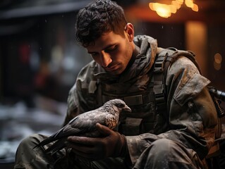 Fototapeta premium A weary soldier finds solace in the company of aGe Zi . Amidst the chaos and destruction of war, thebrings a moment of peace and hope.
