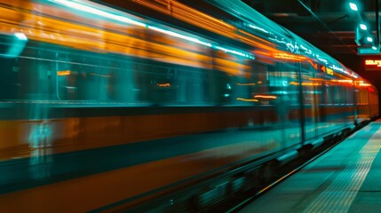 Blurry streaks of light as a high-speed train races through the night. Feel the thrill of velocity."