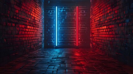 Brick wall illuminated with red and blue neon light Volumetric texture cyberpunk loft background 
