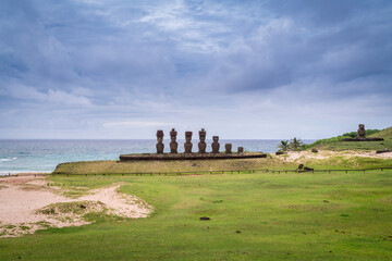 moais on Anakena beach, Rapa Nui, on Easter Island