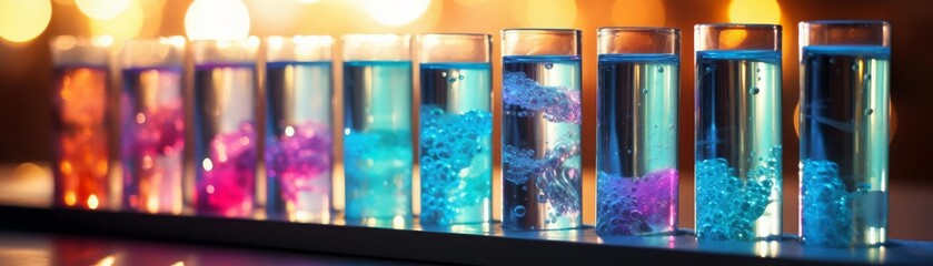 A row of colorful test tubes filled with different colored liquids. The test tubes are arranged in a row on a black surface. The background is a blurred out image of a laboratory. - Powered by Adobe