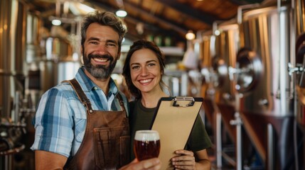 Happy man and woman with beer and clipboard in a brewery portrait - Powered by Adobe