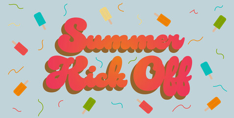 Summer Kick Off Banner with Pink, Green, Blue, and Yellow Popsicles and Confetti