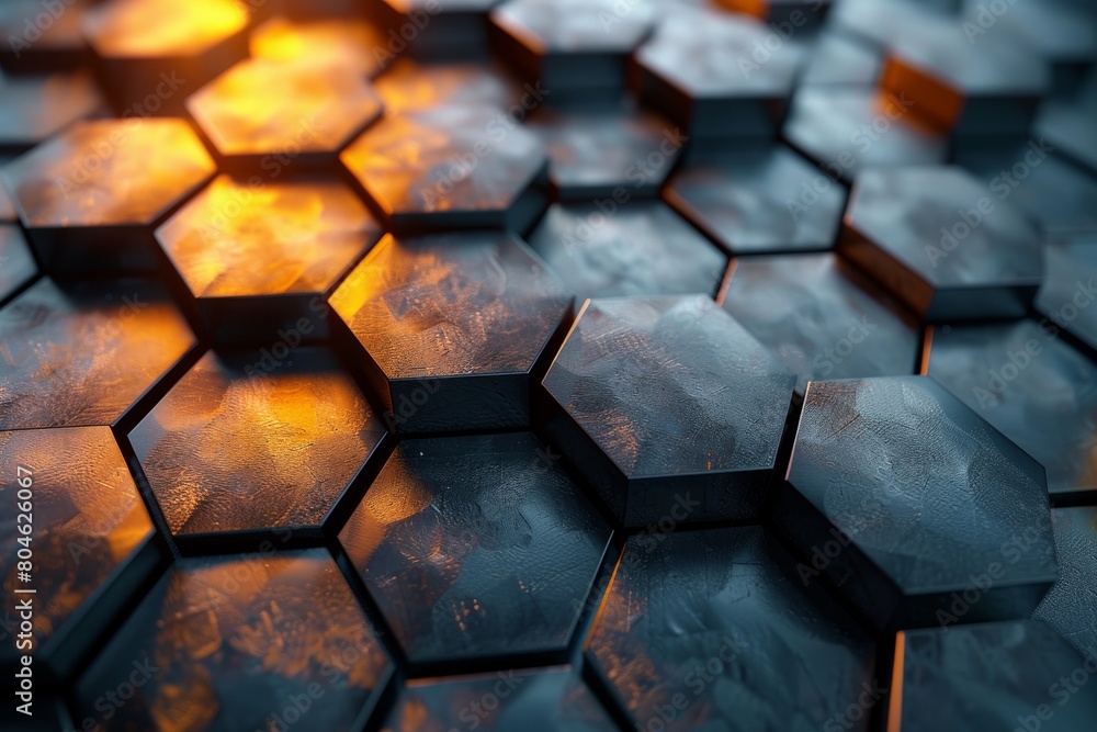 Poster highly detailed image portraying hexagonal tiles in frosty tones with what appears to be morning dew