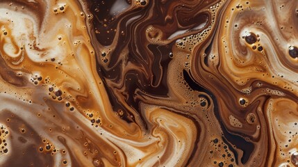 Close up abstract brown caramel shapes latte art in coffee. Liquid texture coffee background macro. Cappuccino and milk foam close up view. High quality photo