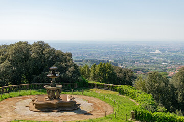 Top view of the panoramic landscape of the valley, the country houses and gardens are visible to...