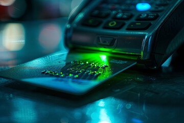 Fototapeta premium Close-up of a credit card inserted into a card reader, with a green light effect indicating a successful payment, conveying security and reliability