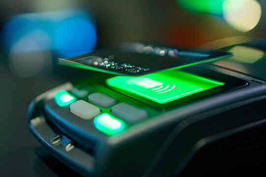 Close-up of a credit card inserted into a card reader, with a green light effect indicating a successful payment, conveying security and reliability
