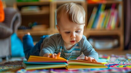 Fototapeta premium A young child is engrossed in playing with a book while seated on the floor, surrounded by toys and other colorful objects.