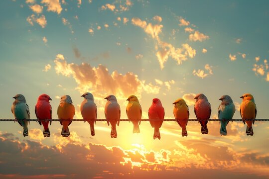 A vibrant arrangement of colorful birds on a wire presented against a dramatic sky of sunset hues, symbolizing diversity and unity