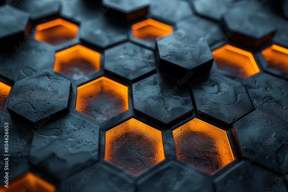Poster glistening wet surface with hexagonal shapes illuminated by a warm orange light, creating a moody at