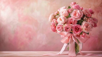Obraz premium A stunning display of pink roses arranged in a vase with a delicate satin bow set against a soft pastel pink background on a tabletop Perfect for occasions like birthdays weddings Mother s 