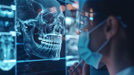 A doctor in a surgical mask and gloves examines a 3D scan of a skull on a transparent screen.