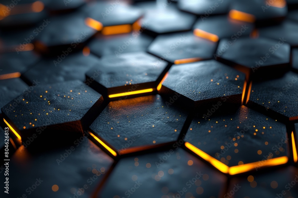 Poster an abstract macro image showcasing hexagon-shaped surfaces with blue ambient lighting and golden par