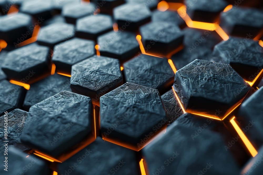 Poster this image features a close-up view of 3d hexagonal shapes with illuminated orange edges, creating a