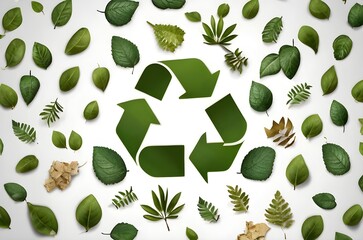 Recycling Symbol Surrounded by Green Leaves on a White Background