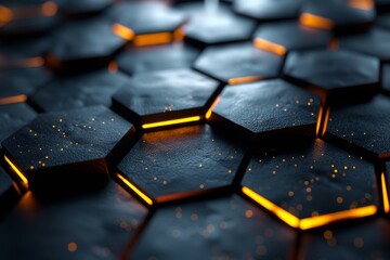 Fototapeta premium An abstract macro image showcasing hexagon-shaped surfaces with blue ambient lighting and golden particles