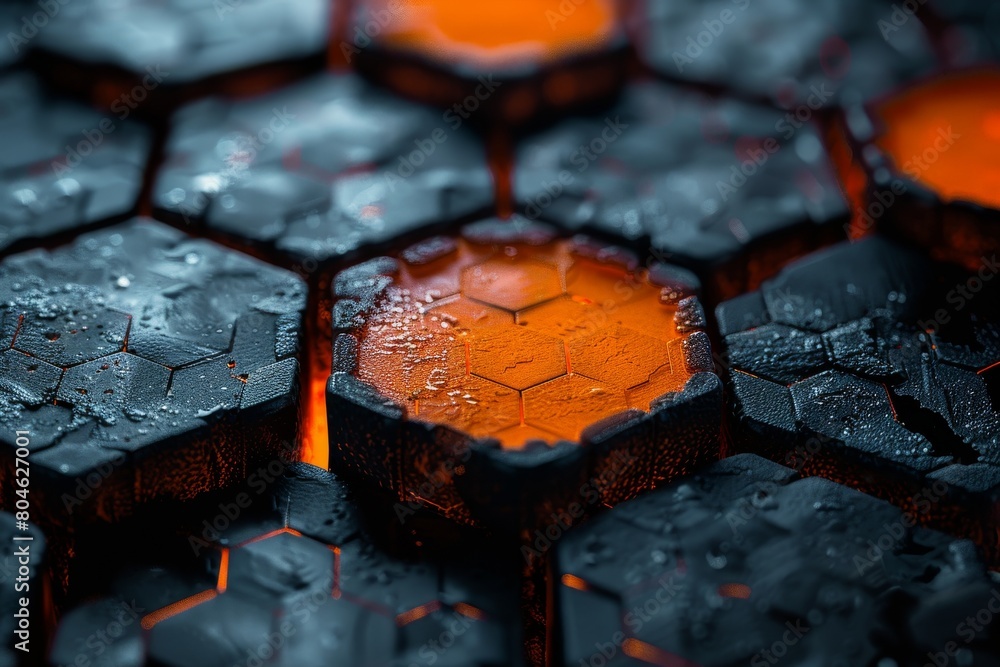 Poster close-up of hexagonal patterns resembling lava flows with vivid contrasts between red and black tone