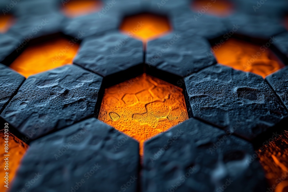 Poster macro image focusing on a textured, honeycomb-like pattern with a soft, orange backlighting effect