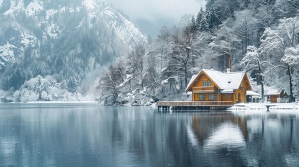 Wooden lake house at winter
