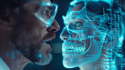 A man wearing augmented reality glasses looks at a 3D scan of a human skull.