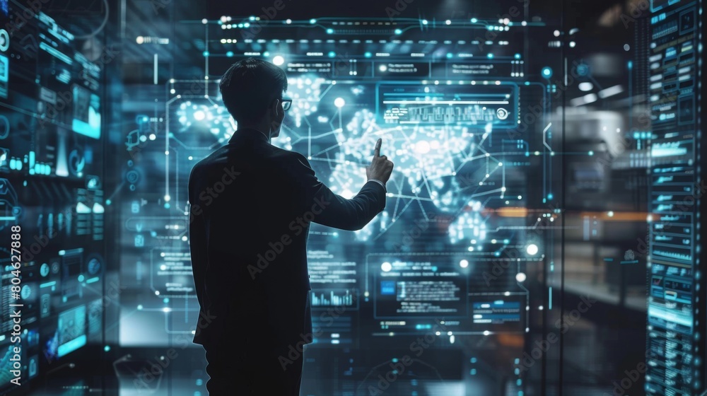 Poster businessman in suit working with virtual 3d holographic interface screens . futuristic business, tec