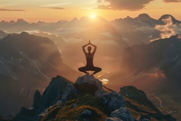 yoga pose on mountain during sunset, International yoga day concept image with copy space for text, World meditation day - generative ai