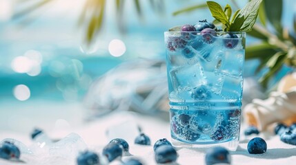 Sparkling drink with blueberries floating, set against a shimmering blue water background, ideal for vacation themes.