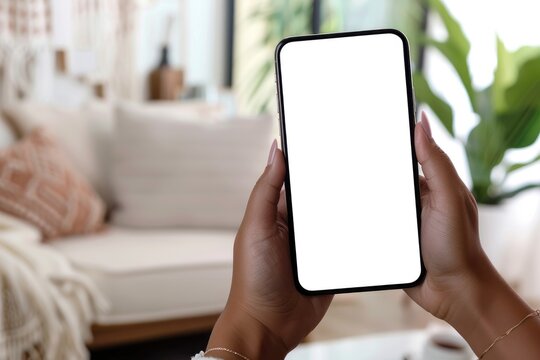 Woman hands holding cell phone with mockup white blank display.