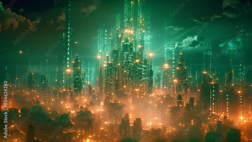 Poster Glowing urban skyline shrouded in mist with streams of data.