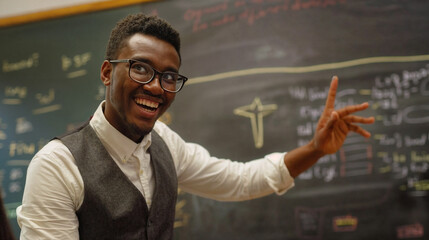 A young black male student against the background of a school board. The student points with his finger.
