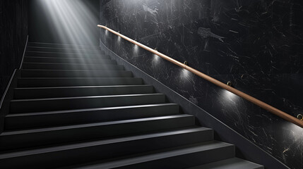 Midnight black stairs with a sleek wooden handrail, dramatic full view with spotlighting.