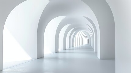Minimalist white architecture with a series of arches creating a modern and futuristic corridor.