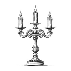 Candelabra engraved style ink sketch drawing, black and white vector illustration
