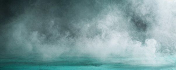 Misty grey smoke abstract background against a bright teal floor, subtle and sophisticated.