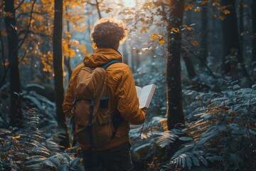 Obraz premium A solitary man stands facing away, engrossed in a book surrounded by foggy, sunlit woods creating an ethereal atmosphere