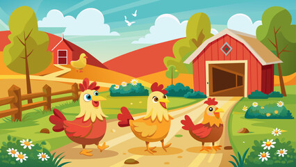 four-chickens-wandering-around-a-barn-illustration