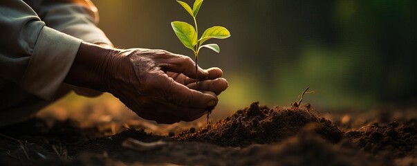 A person's hand is holding a small plant. The plant is being planted in the soil. The hand is carefully placing the plant in the soil. The plant is being planted in a field.
