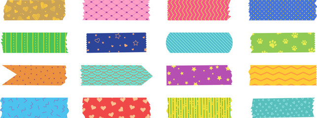 Japanese tape washi, cute masking paper, colorful vector scotch, scrapbook pattern, decoration frame with color texture, craft sticky set isolated on white background. Simple illustration © Sylfida