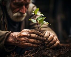A close up of an old man's hands planting a young tree