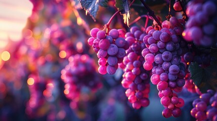 A close up of a bunch of plump, ripe purple grapes on the vine with the sun setting in the...