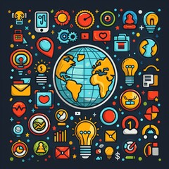 Minimalist design of a digital globe surrounded by various marketing icons, symbolizing a comprehensive digital marketing strategy