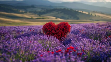 A field with violet flowers and red flowers making the shape of a heart