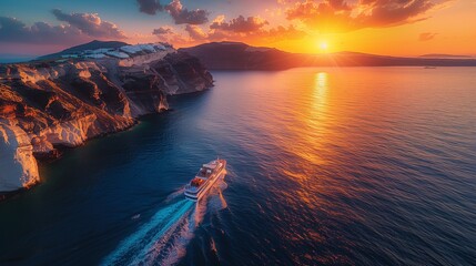 Romantic sunset cruise around Santorini, stunning sea views and cliffs, YouTube thumbnail with copy...