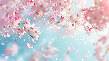 cherry blossom petals flying in the sky, a pastel pink and blue background