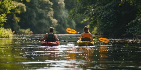 Couple kayaking on a quiet river, kayaking outdoor activities