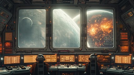 Space Station Command Center Monitoring Planets