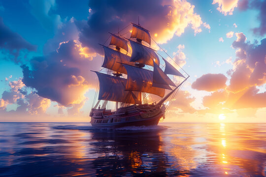 A beautiful painting of a pirate ship sailing on the high seas at sunset.