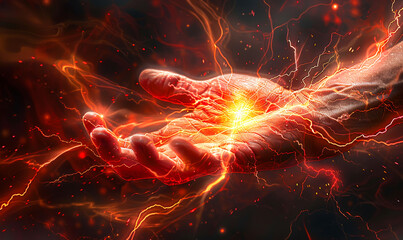 Powerful Electricity Wielder - Intense Muscular Male Figure Grasping Scarlet Lightning Bolt, Portraying Energy and Strength Concept